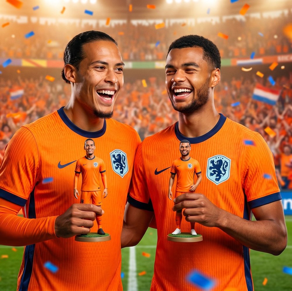 Twee Oranje-spelers met hun eigen 3D Minu poppetje