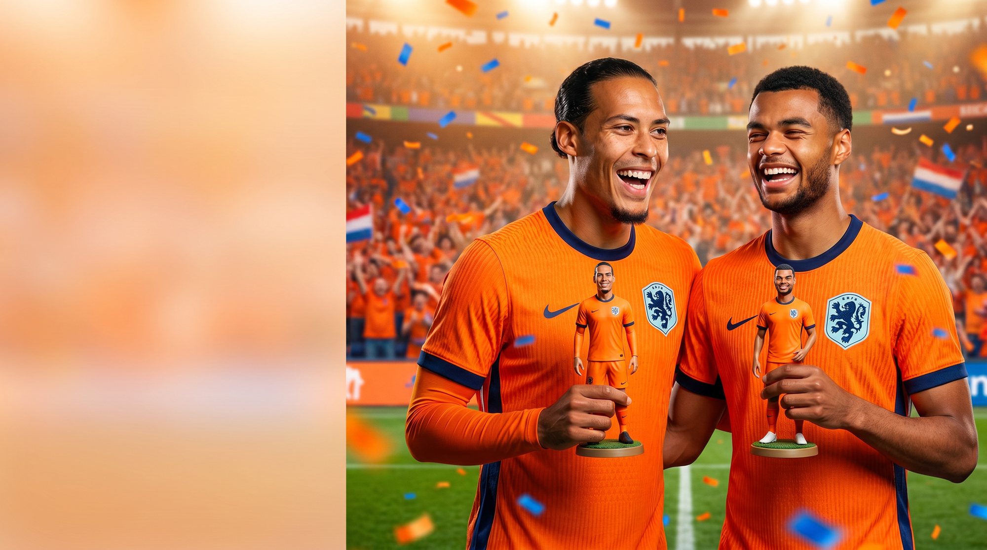Virgil van Dijk en Cody Gakpo in oranje shirt houden lachend hun eigen 3D Minu poppetje vast in een vol stadion